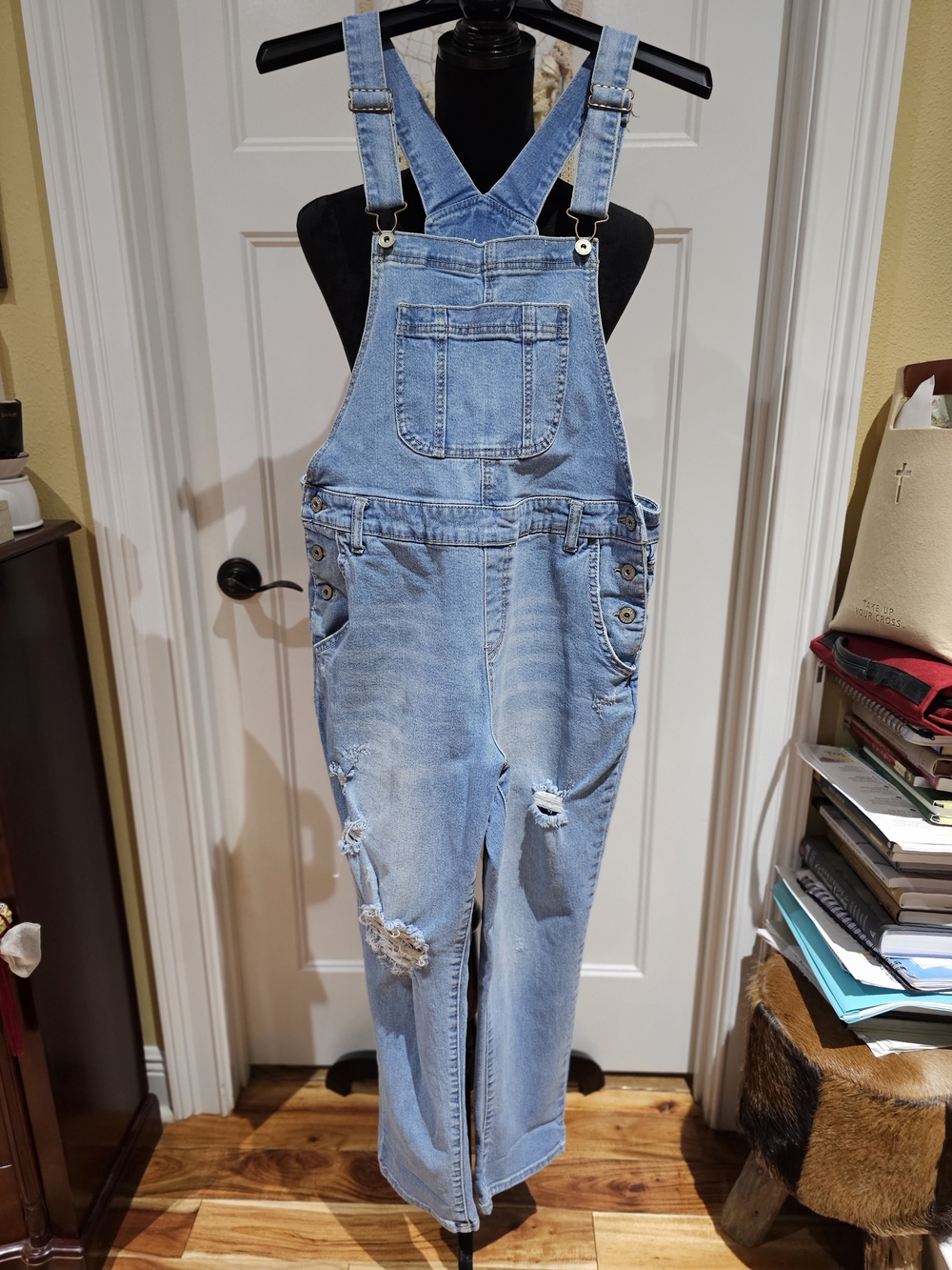 Womens Light Blue Distressed Denim Overalls
